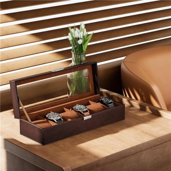 Mens Watch Box 6 Slot PU Leather Watch Organizer Display Glass Lid Brown - Picture 6 of 7